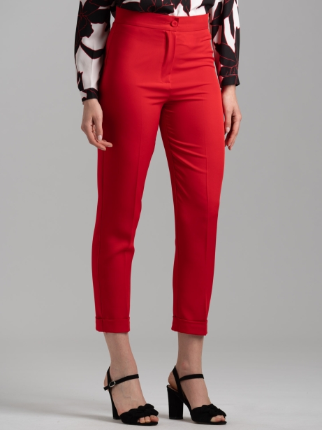 Pantalones pitillo fluidos rojos de mujer con vuelta