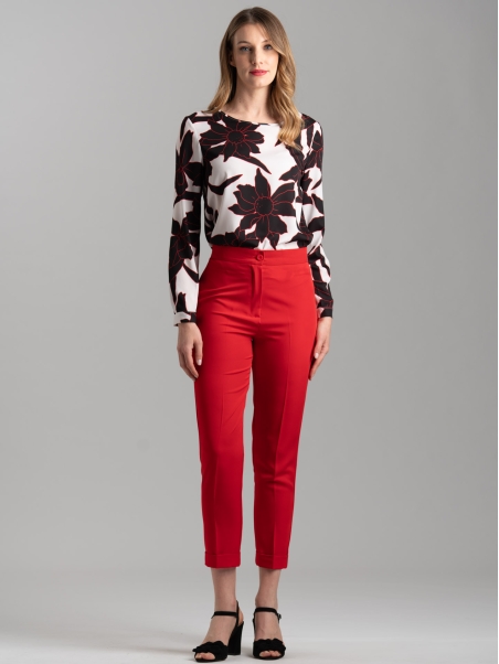 Pantalones pitillo fluidos rojos de mujer con vuelta
