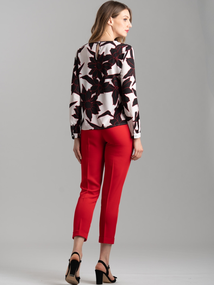 Pantalones pitillo fluidos rojos de mujer con vuelta