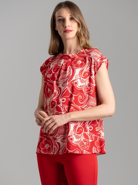 Camisa floral de mujer con hombro caído y drapeado