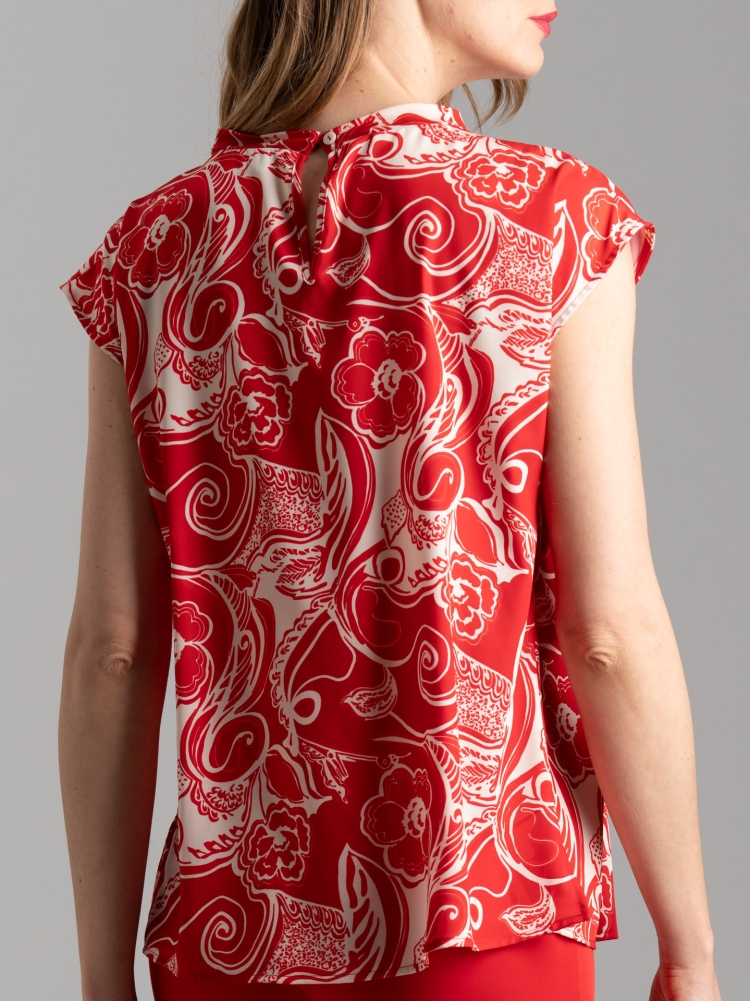 Camisa floral de mujer con hombro caído y drapeado