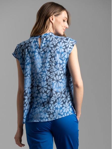 Camisa floral de mujer con cuello redondo y drapeado