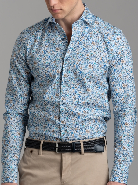Camicia uomo floreale azzurra con collo semi francese