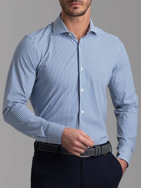Camisa de hombre TECNO a rayas azules y blancas con cuello semifrancés 2