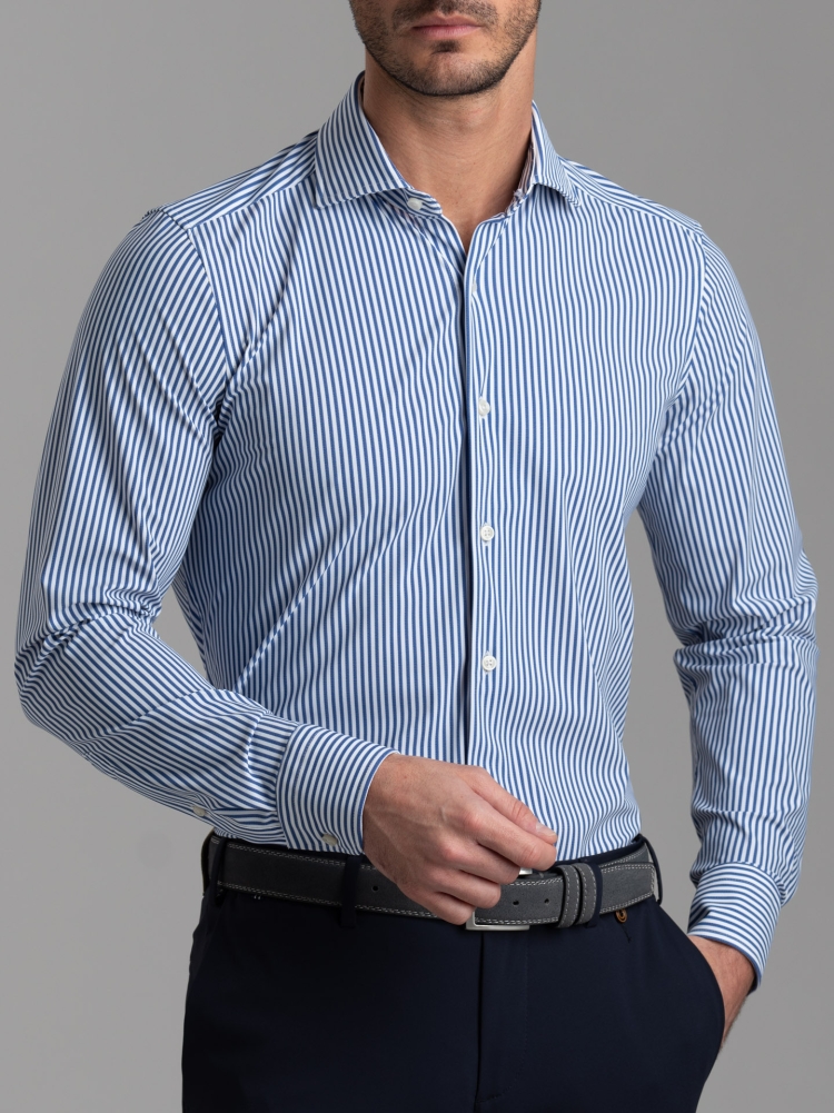 Camicia uomo TECNO rigata blu e bianca con collo semi francese