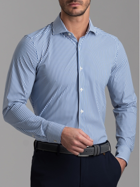 Camicia uomo TECNO rigata blu e bianca con collo semi francese