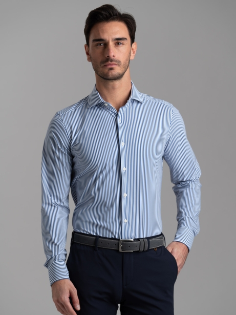 Camicia uomo TECNO rigata blu e bianca con collo semi francese