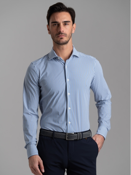 Camicia uomo TECNO rigata blu e bianca con collo semi francese