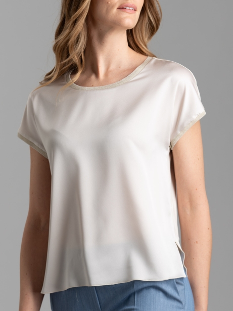 Camicia donna girocollo in due tessuti e lurex