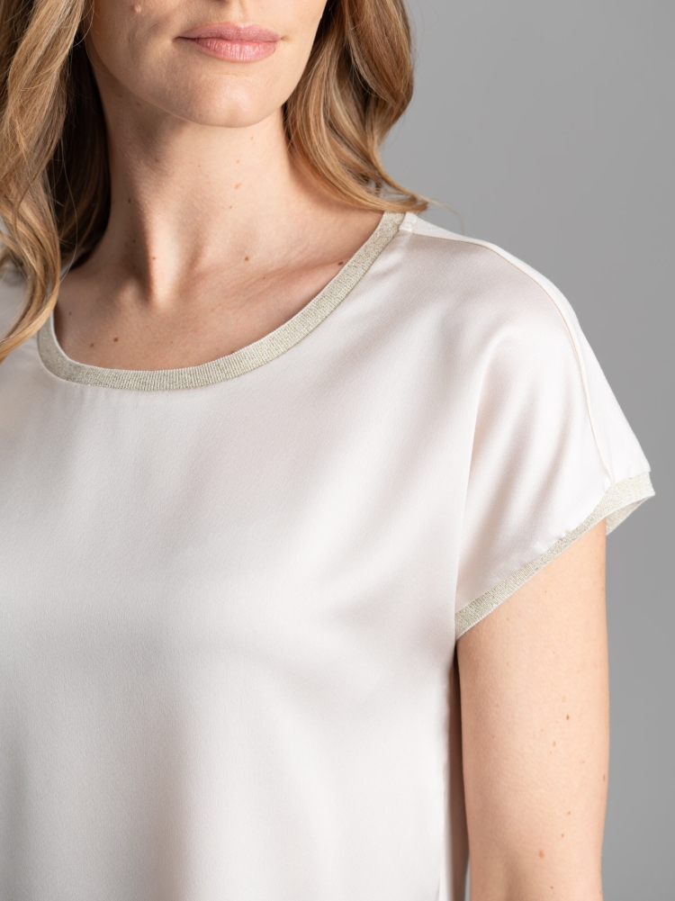 Camicia donna girocollo in due tessuti e lurex