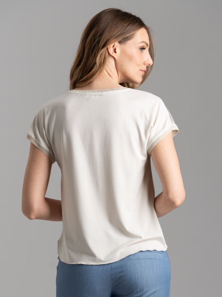 Camicia donna girocollo in due tessuti e lurex
