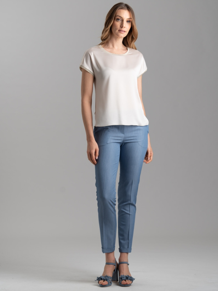 Camicia donna girocollo in due tessuti e lurex