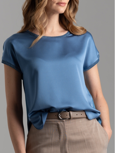 Camicia donna girocollo in due tessuti e lurex