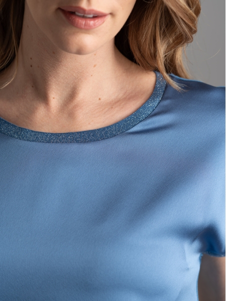 Camicia donna girocollo in due tessuti e lurex