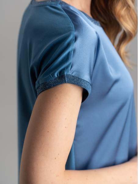 Camicia donna girocollo in due tessuti e lurex