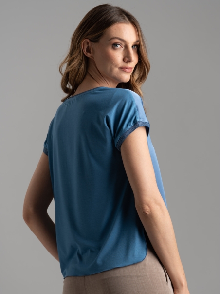 Camicia donna girocollo in due tessuti e lurex