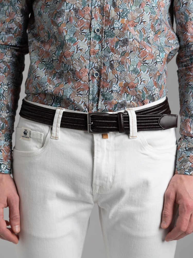 Cintura uomo in pelle intrecciata elastica e borchia