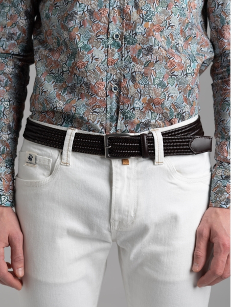 Cintura uomo in pelle intrecciata elastica e borchia