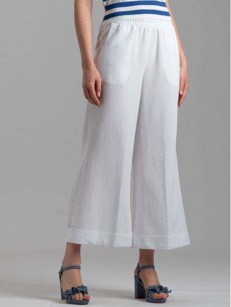 Pantalone donna misto lino bianco a gamba larga