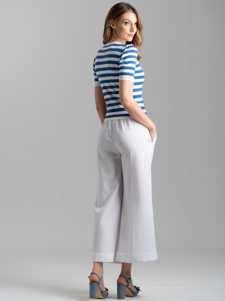 Pantalone donna misto lino bianco a gamba larga
