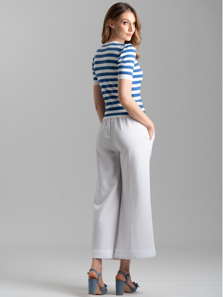 Pantalone donna misto lino bianco a gamba larga