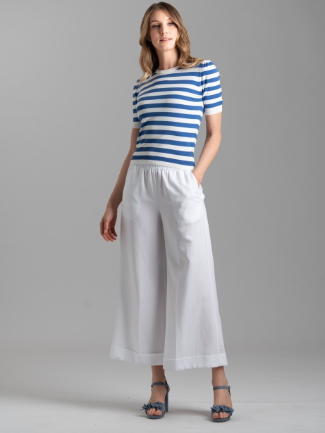 Pantalone donna misto lino bianco a gamba larga