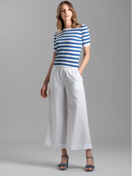 Pantalone donna misto lino bianco a gamba larga