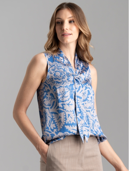 Camicia donna smanicata con collo a scialle