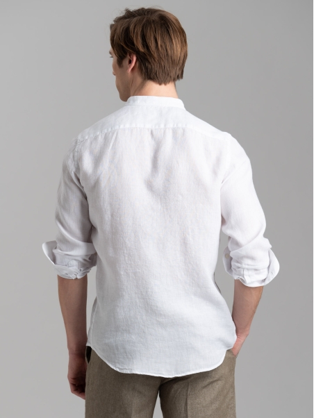 Camicia uomo bianca di lino con collo alla coreana