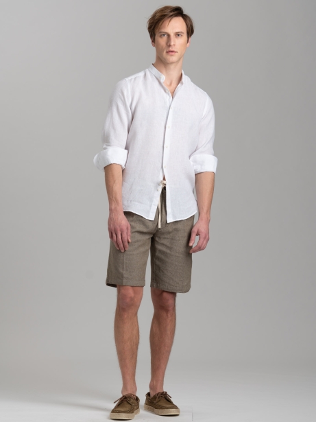 Camicia uomo bianca di lino con collo alla coreana 2