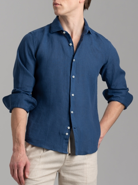 Camicia uomo in lino blu chiaro con collo semi francese 2