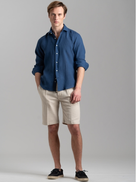 Camicia uomo in lino blu chiaro con collo semi francese