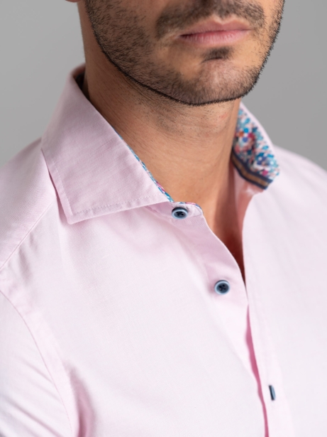 Camicia uomo misto lino rosa con collo semi francese