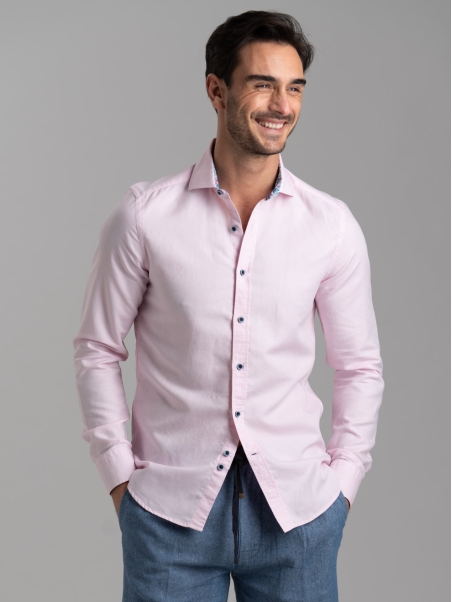 Camicia uomo misto lino rosa con collo semi francese