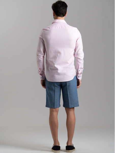 Camicia uomo misto lino rosa con collo semi francese