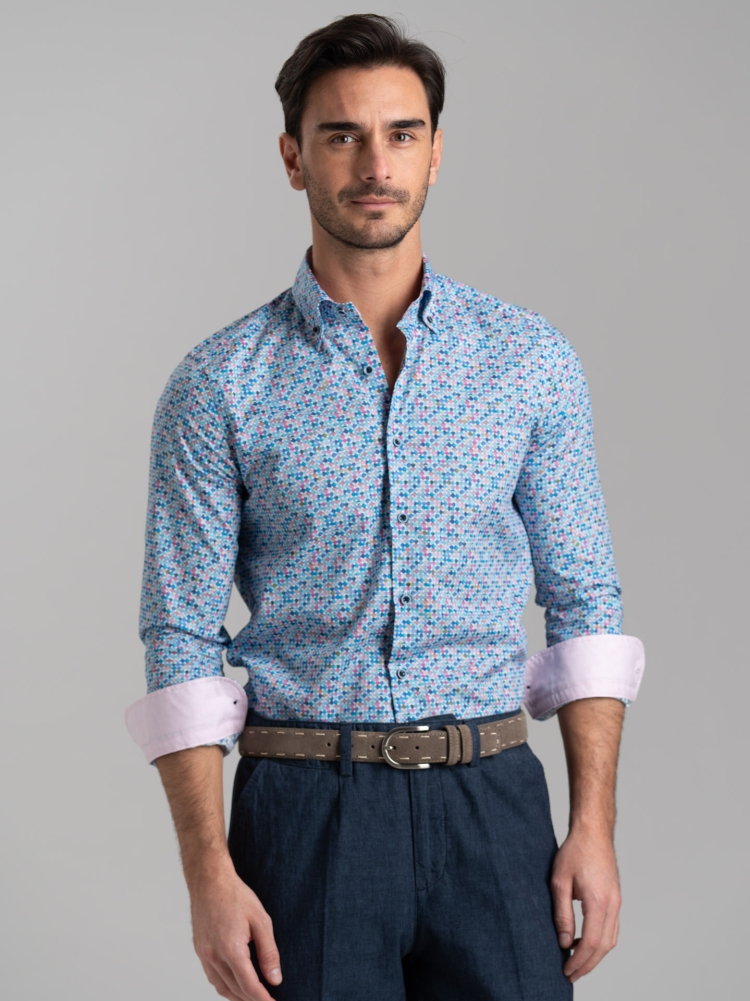Camicia uomo a pois effetto acquerello con collo button down