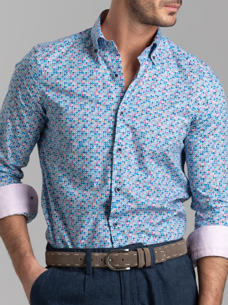 Camicia uomo a pois effetto acquerello con collo button down