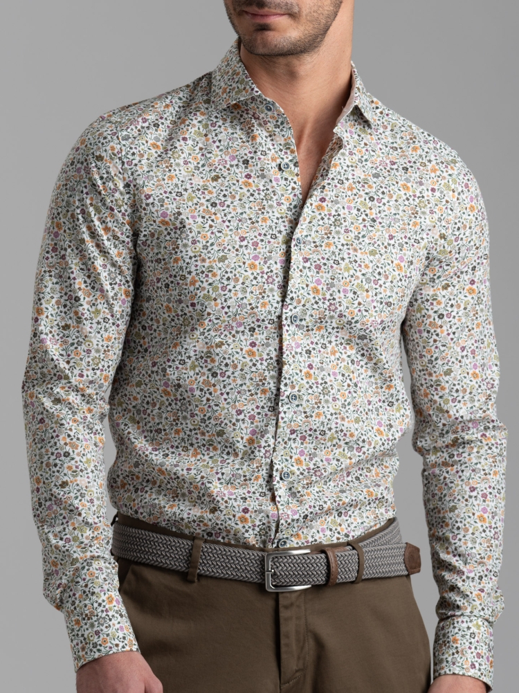 Camicia uomo floreale verde con collo semi francese