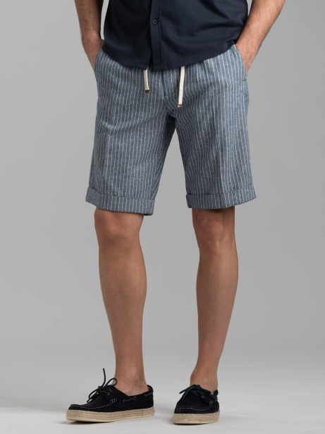 Bermuda uomo rigato blu navy in lino con coulisse