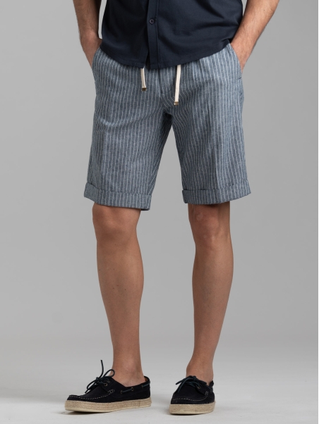 Bermuda uomo rigato blu navy in lino con coulisse