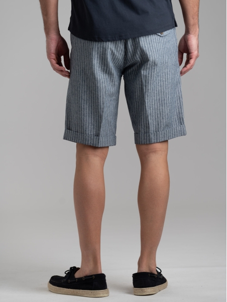 Bermuda uomo rigato blu navy in lino con coulisse