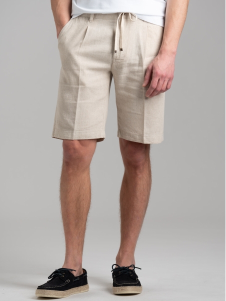 Bermuda uomo in misto lino tinto filo con coulisse e pinces