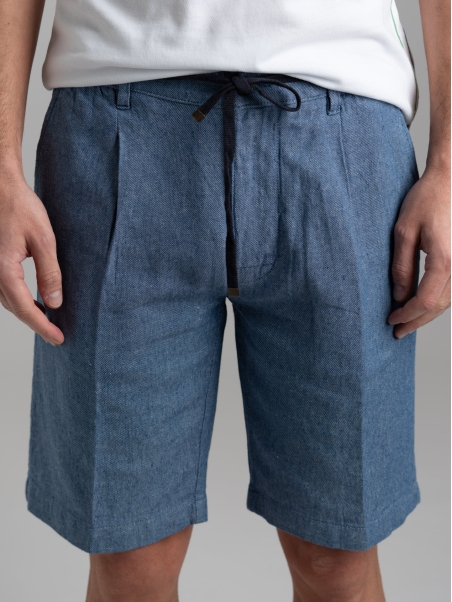 Bermuda uomo in misto lino tinto filo con coulisse e pinces
