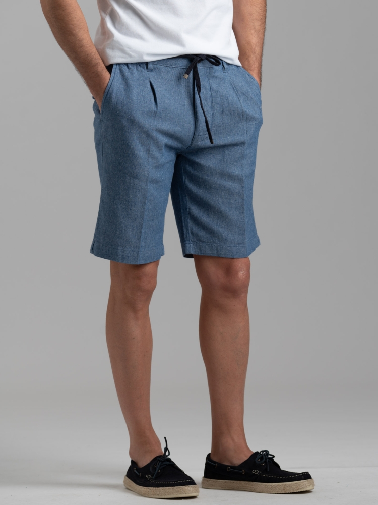 Bermuda uomo in misto lino tinto filo con coulisse e pinces
