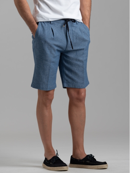 Bermuda uomo in misto lino tinto filo con coulisse e pinces