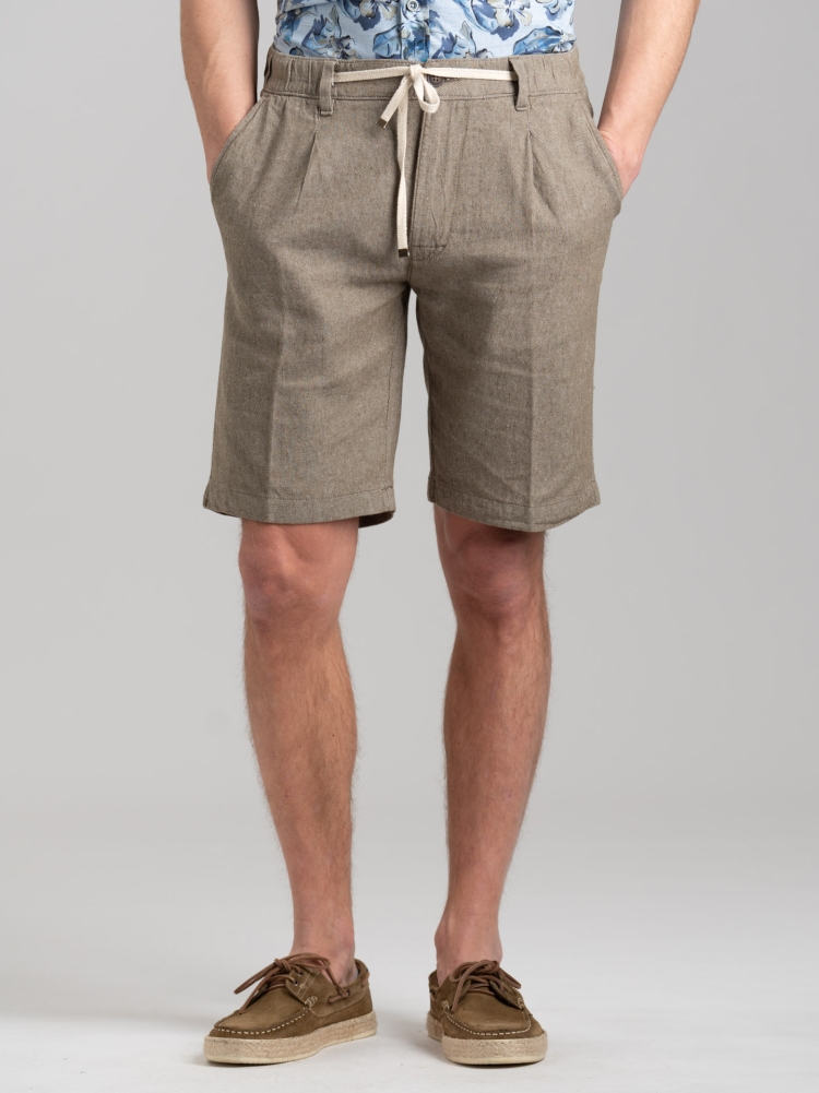 Bermuda uomo in misto lino tinto filo con coulisse e pinces