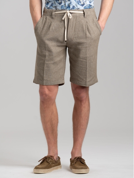 Bermuda uomo in misto lino tinto filo con coulisse e pinces