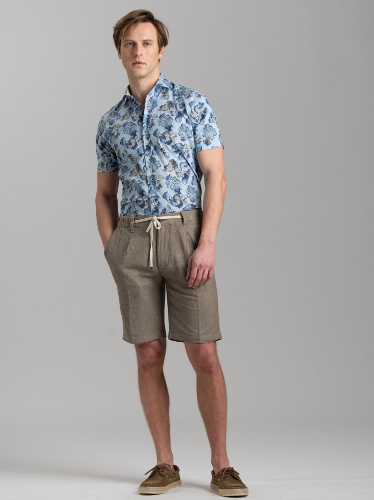 Bermuda uomo in misto lino tinto filo con coulisse e pinces