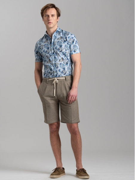 Bermuda uomo in misto lino tinto filo con coulisse e pinces