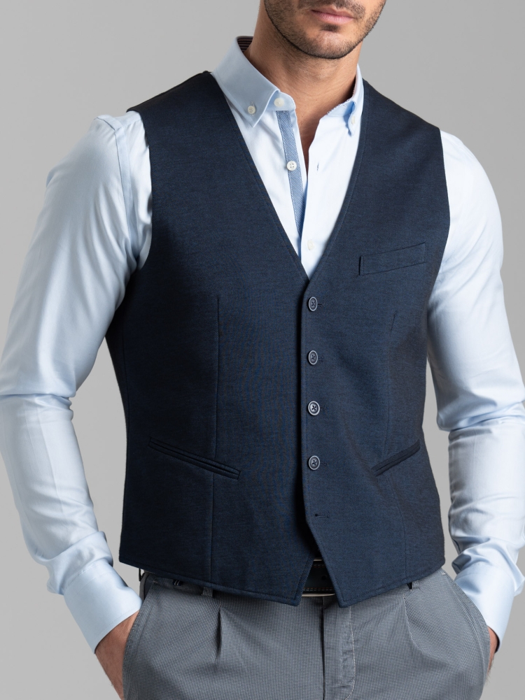 Gilet uomo in cotone piquet tinto filo blu